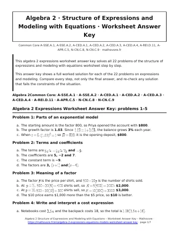 Page 1 of the Algebra 2 Structure of Expressions and Modeling with Equations worksheet answer key PDF