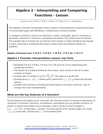 Page 1 of the Algebra 2 Interpreting and Comparing Functions lesson PDF