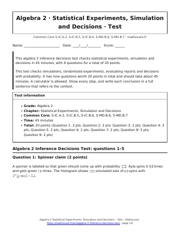 Page 1 of the Algebra 2 Statistical Experiments, Simulation and Decisions test PDF