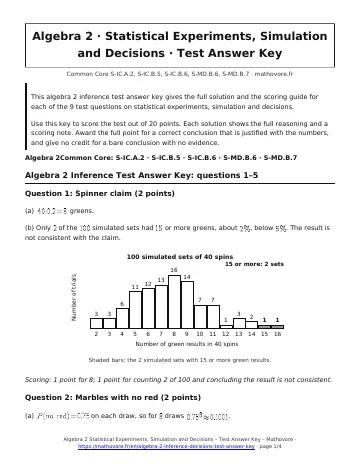 Page 1 of the Algebra 2 Statistical Experiments, Simulation and Decisions test answer key PDF
