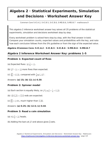 Page 1 of the Algebra 2 Statistical Experiments, Simulation and Decisions worksheet answer key PDF