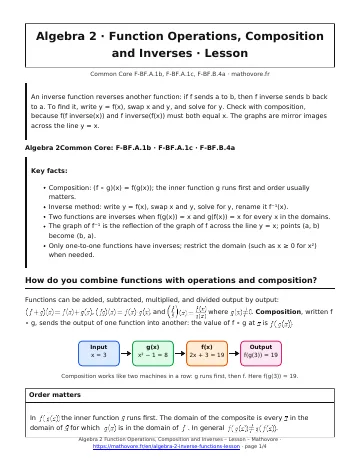 Page 1 of the Algebra 2 Function Operations, Composition and Inverses lesson PDF