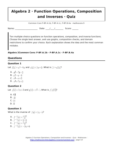 Page 1 of the Algebra 2 Function Operations, Composition and Inverses quiz PDF