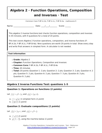 Page 1 of the Algebra 2 Function Operations, Composition and Inverses test PDF