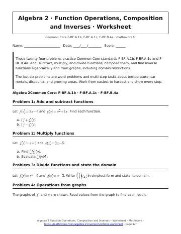 Page 1 of the Algebra 2 Function Operations, Composition and Inverses worksheet PDF