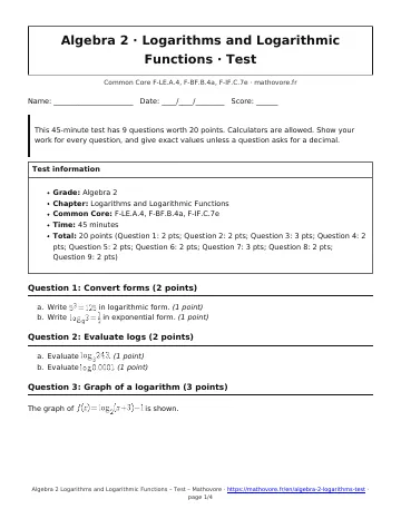 Page 1 of the Algebra 2 Logarithms and Logarithmic Functions test PDF