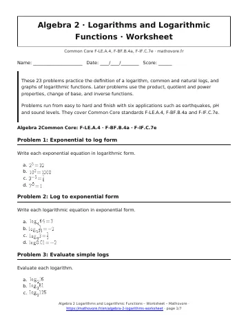 Page 1 of the Algebra 2 Logarithms and Logarithmic Functions worksheet PDF