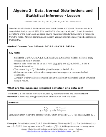 Page 1 of the Algebra 2 Data, Normal Distributions and Statistical Inference lesson PDF
