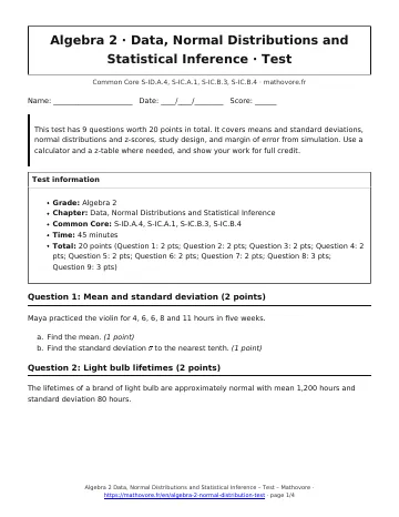 Page 1 of the Algebra 2 Data, Normal Distributions and Statistical Inference test PDF