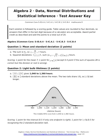 Page 1 of the Algebra 2 Data, Normal Distributions and Statistical Inference test answer key PDF