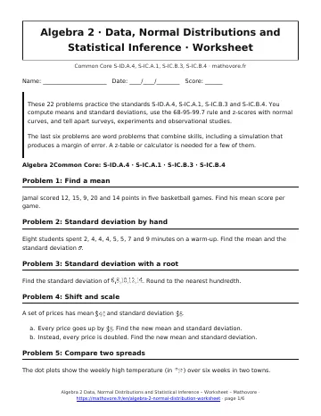 Page 1 of the Algebra 2 Data, Normal Distributions and Statistical Inference worksheet PDF