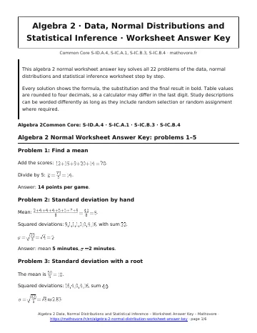 Page 1 of the Algebra 2 Data, Normal Distributions and Statistical Inference worksheet answer key PDF