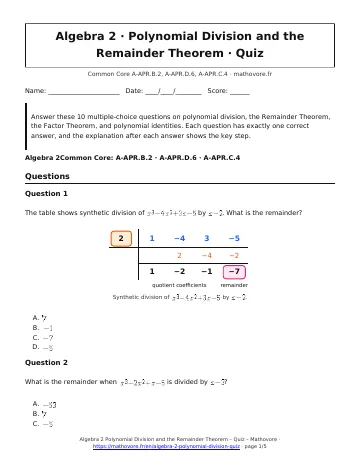 Page 1 of the Algebra 2 Polynomial Division and the Remainder Theorem quiz PDF