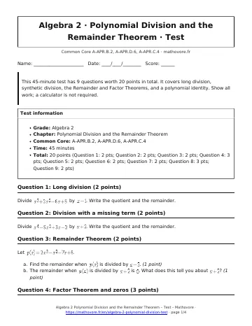 Page 1 of the Algebra 2 Polynomial Division and the Remainder Theorem test PDF