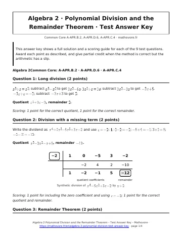 Page 1 of the Algebra 2 Polynomial Division and the Remainder Theorem test answer key PDF