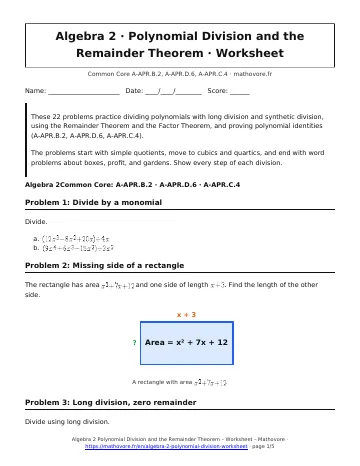 Page 1 of the Algebra 2 Polynomial Division and the Remainder Theorem worksheet PDF