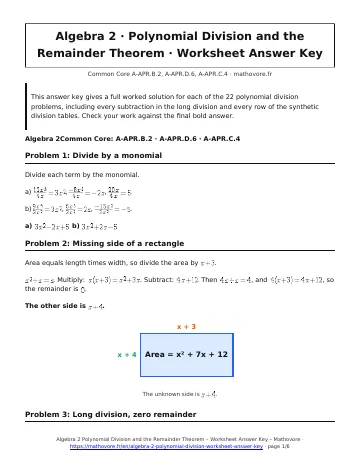 Page 1 of the Algebra 2 Polynomial Division and the Remainder Theorem worksheet answer key PDF