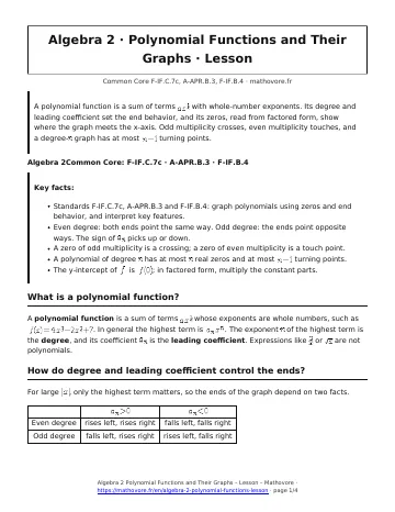 Page 1 of the Algebra 2 Polynomial Functions and Their Graphs lesson PDF