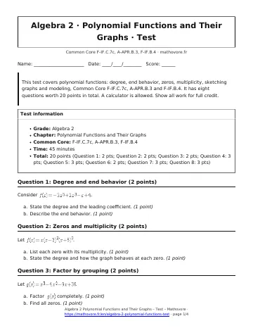 Page 1 of the Algebra 2 Polynomial Functions and Their Graphs test PDF