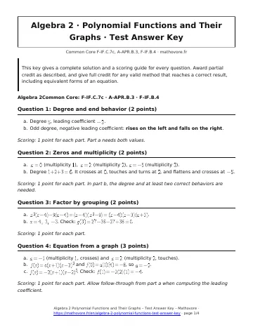 Page 1 of the Algebra 2 Polynomial Functions and Their Graphs test answer key PDF