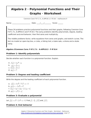 Page 1 of the Algebra 2 Polynomial Functions and Their Graphs worksheet PDF