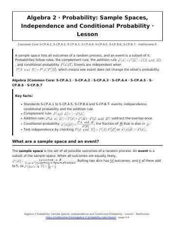 Page 1 of the Algebra 2 Probability: Sample Spaces, Independence and Conditional Probability lesson PDF