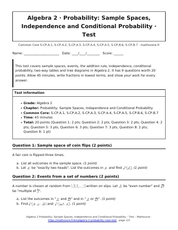 Page 1 of the Algebra 2 Probability: Sample Spaces, Independence and Conditional Probability test PDF