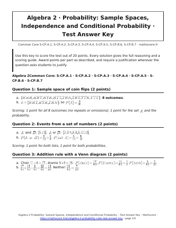 Page 1 of the Algebra 2 Probability: Sample Spaces, Independence and Conditional Probability test answer key PDF