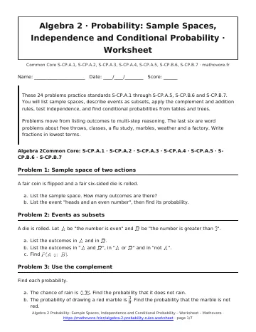 Page 1 of the Algebra 2 Probability: Sample Spaces, Independence and Conditional Probability worksheet PDF