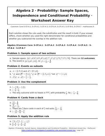 Page 1 of the Algebra 2 Probability: Sample Spaces, Independence and Conditional Probability worksheet answer key PDF
