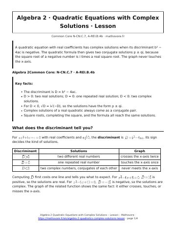 Page 1 of the Algebra 2 Quadratic Equations with Complex Solutions lesson PDF