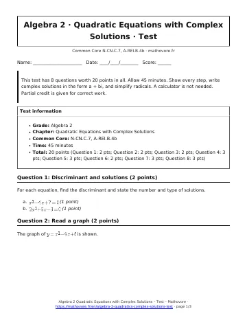 Page 1 of the Algebra 2 Quadratic Equations with Complex Solutions test PDF