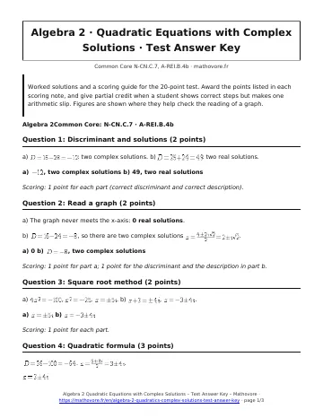 Page 1 of the Algebra 2 Quadratic Equations with Complex Solutions test answer key PDF