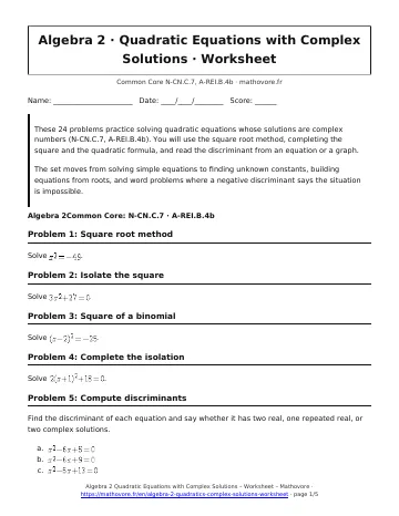 Page 1 of the Algebra 2 Quadratic Equations with Complex Solutions worksheet PDF