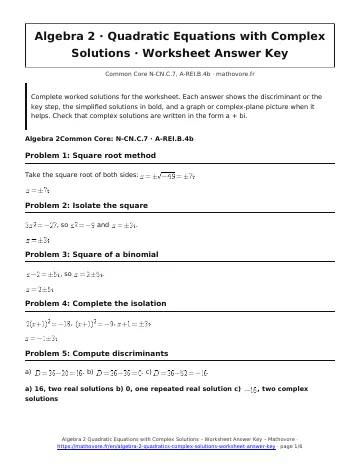 Page 1 of the Algebra 2 Quadratic Equations with Complex Solutions worksheet answer key PDF