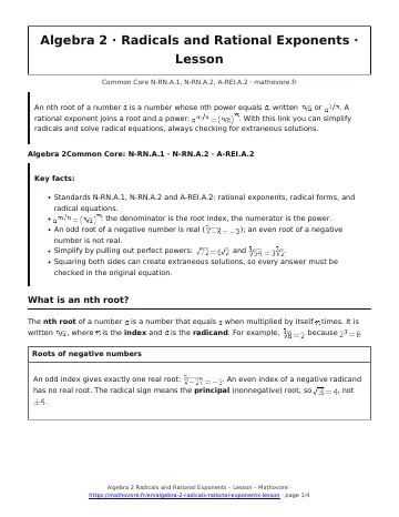 Page 1 of the Algebra 2 Radicals and Rational Exponents lesson PDF