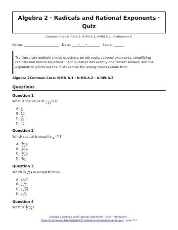 Page 1 of the Algebra 2 Radicals and Rational Exponents quiz PDF
