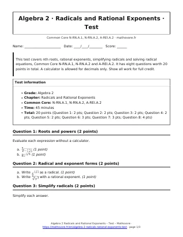 Page 1 of the Algebra 2 Radicals and Rational Exponents test PDF