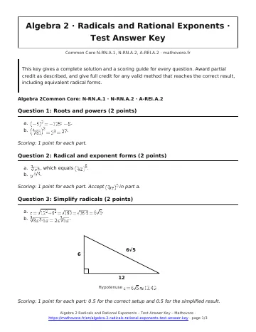 Page 1 of the Algebra 2 Radicals and Rational Exponents test answer key PDF