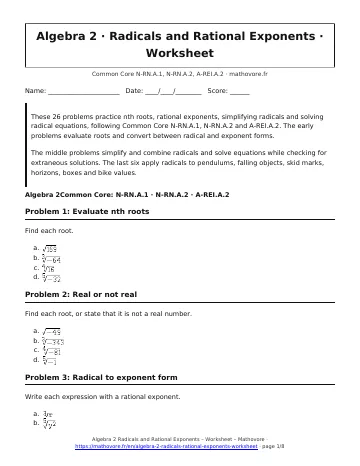 Page 1 of the Algebra 2 Radicals and Rational Exponents worksheet PDF