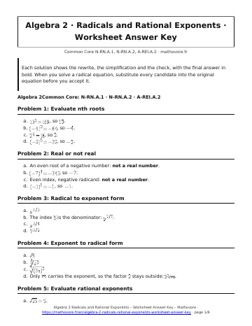 Page 1 of the Algebra 2 Radicals and Rational Exponents worksheet answer key PDF