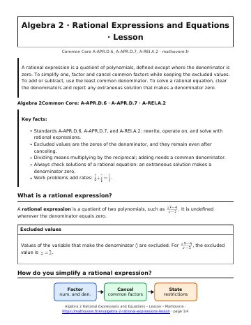 Page 1 of the Algebra 2 Rational Expressions and Equations lesson PDF
