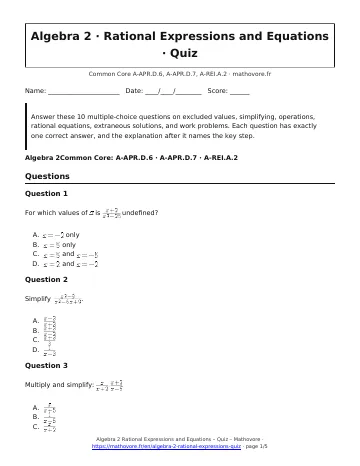 Page 1 of the Algebra 2 Rational Expressions and Equations quiz PDF