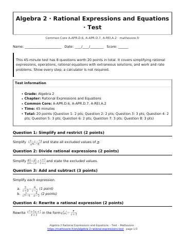 Page 1 of the Algebra 2 Rational Expressions and Equations test PDF