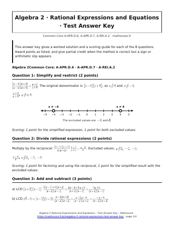 Page 1 of the Algebra 2 Rational Expressions and Equations test answer key PDF