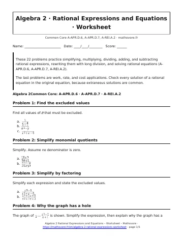 Page 1 of the Algebra 2 Rational Expressions and Equations worksheet PDF