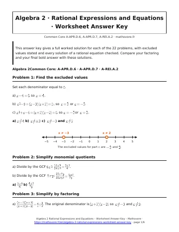 Page 1 of the Algebra 2 Rational Expressions and Equations worksheet answer key PDF