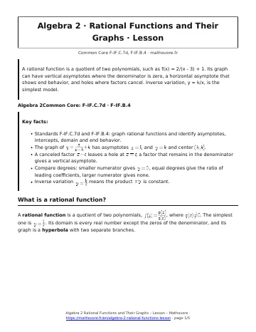 Page 1 of the Algebra 2 Rational Functions and Their Graphs lesson PDF