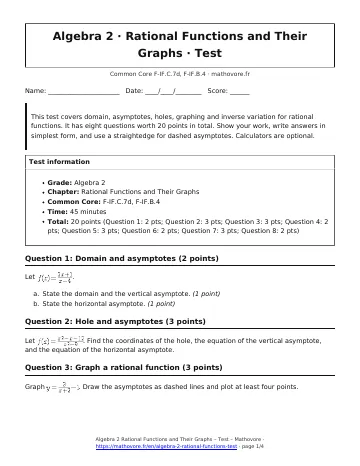 Page 1 of the Algebra 2 Rational Functions and Their Graphs test PDF