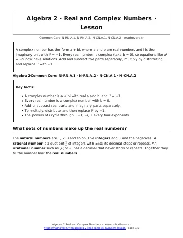 Page 1 of the Algebra 2 Real and Complex Numbers lesson PDF